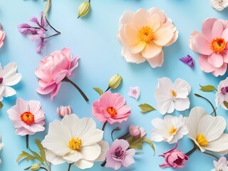 spring background, A vibrant array of spring flowers on a soothing pastel background, illustrating the concept of spring time