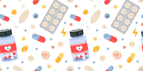 Seamless pattern with bottle and blister with tablets, medical pills and capsules on white background. Treatment and health care. Medicines, painkillers and vitamins. Cartoon flat vector illustration