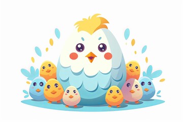 Obraz premium Cute white-blue hen sits surrounded by various colourful baby chickens. Fun spring illustration shows happy mother bird with her babies.