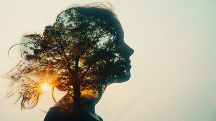 Double Exposure Portrait of Woman with Tree Silhouette at Sunset