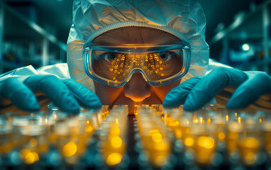 a man in a protective suit and goggles is looking at a bunch of bottles