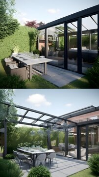 a green modern garden with an indoor BBQ area and dining patio, in the style of dark sky-blue and light black, 8k resolution, made of glass, studyplace, intricate, delicate flower and garden paintings