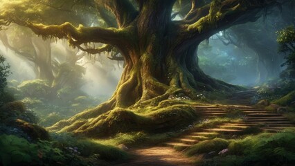 A beautiful fairytale enchanted forest with big trees and great vegetation. Digital painting background. generative, ai. - obrazy, fototapety, plakaty