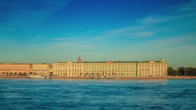 SAINT-PETERSBURG, RUSSIA - JUNE, 2023: Hermitage Museum and Palace Square Timelapse Hyperlapse - Former Winter Palace of Russian Kings in St. Petersburg, Russia