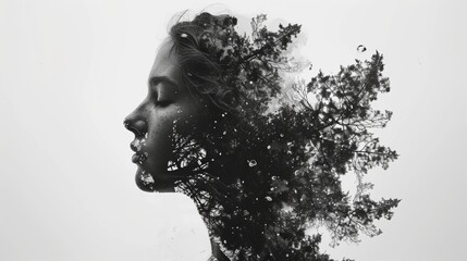 Double Exposure of Woman’s Head with Plants Landscape in the Background