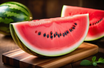 Red ripe watermelon cut on a pile of ripe watermelons on the table. A red cut watermelon.