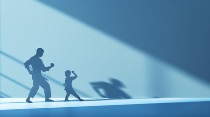Dynamic Karate Practice: Realistic Silhouettes of Man and Kid in Martial Arts Training Against Cool Blue Background - obrazy, fototapety, plakaty