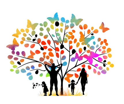 Family of the rainbow tree. hand drawing. Not AI, Vector illustration