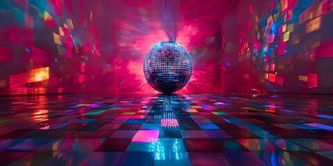 Vibrant dance floor shines under the colorful reflections of a disco ball. Concept Disco Ball,...