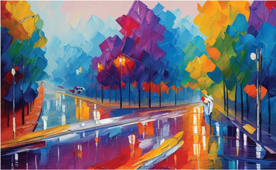 City landscape. Colorful panorama city abstract View Vibrant Artwork: Acrylic Paint in a Multicolored Painting. Cityscape with abstract oil painting. A city view in oil painting. Illustration. 