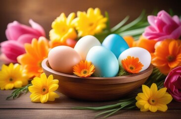 Fototapeta na wymiar Easter, colorful painted eggs decorated with ornaments and patterns, eggs in a wooden plate, spring flowers, wooden background