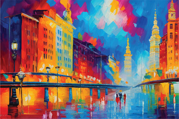 City landscape. Colorful panorama city abstract View Vibrant Artwork: Acrylic Paint in a Multicolored Painting. Cityscape with abstract oil painting. A city view in oil painting. Illustration. 