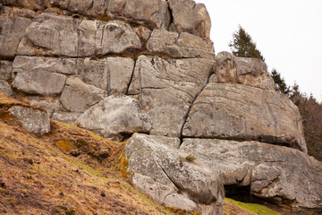 old Tustan rocks with moss in Ukraine
