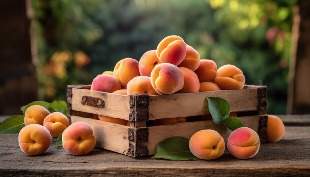 Abricots dans cagette en bois - IA g&eacute;n&eacute;rative