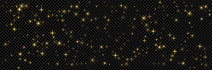 Gold glitter light stars effect. Golden elements on transparent background as a png, Sparkle dust effect, Christmas vector illustration.