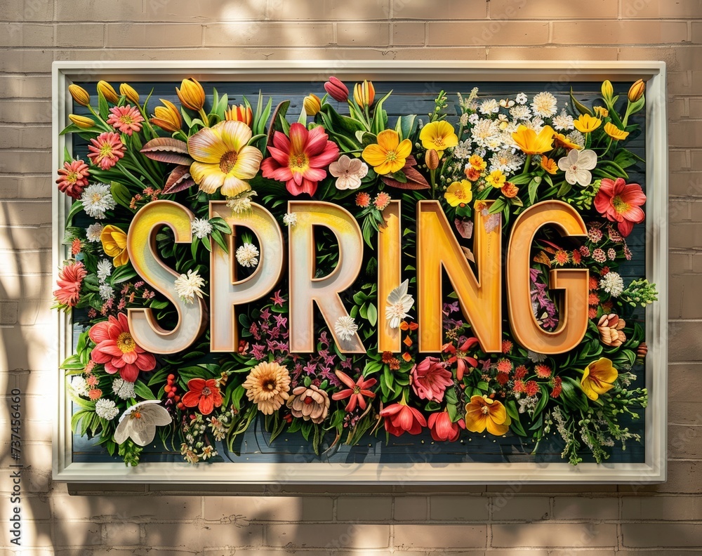 Poster floral display with a spring sign on the front generative ai