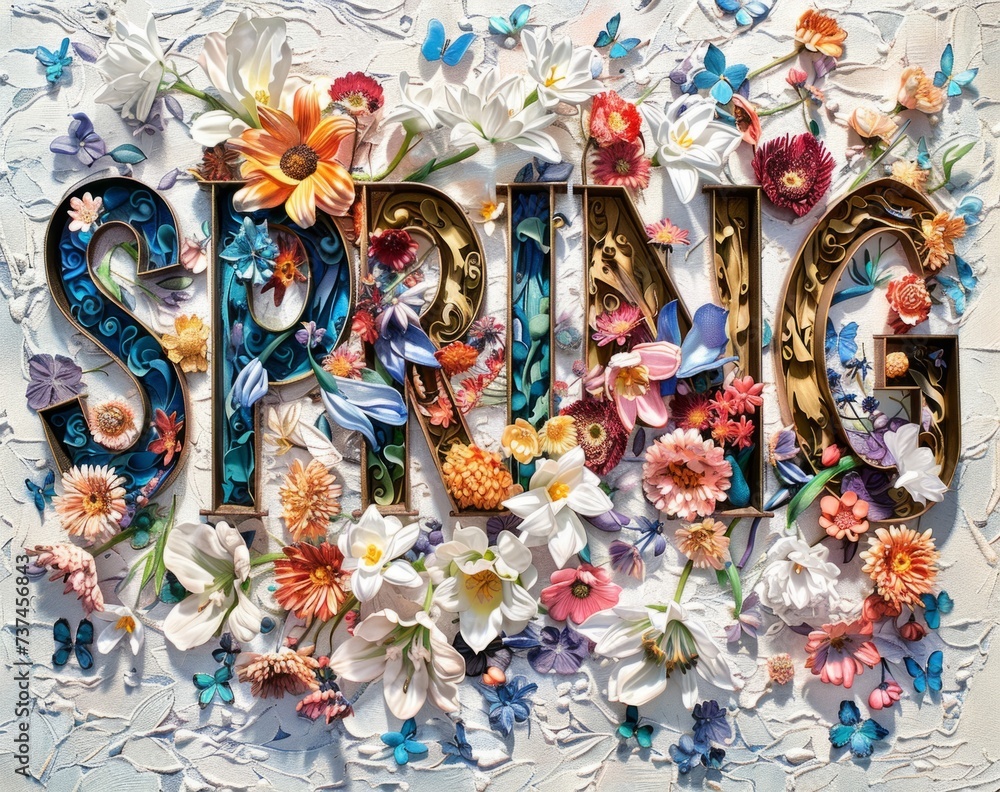 Poster spring on a colorful floral background generative ai