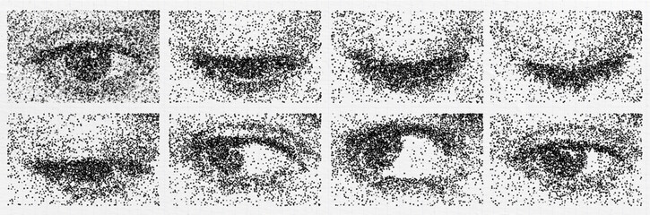 A pack of rainbow eyes cut out as if from a magazine. An isolated look. Vector stipple grunge grain elements for collage with different emotions. Frame to frame animation .