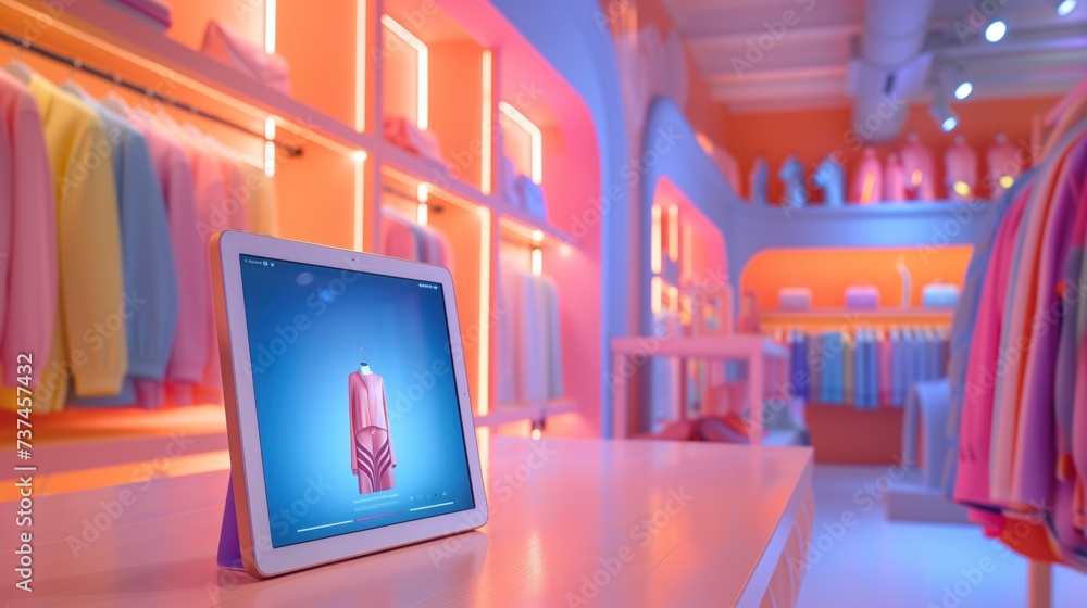 Poster depict a vibrant display of a digital tablet showcasing a virtual try-on session from an online shop