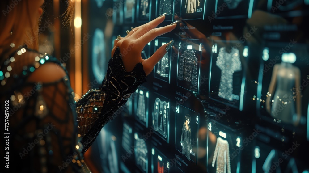 Poster illustrate a close-up of a user's hand swiping through an array of chic outfits and accessories on a