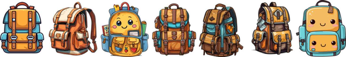 stylish school backpacks collection, isolated on transparent background
