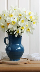 garden white daffodils in a blue jug on the table in the cottage. Concept: Spring, Easter. close-up.