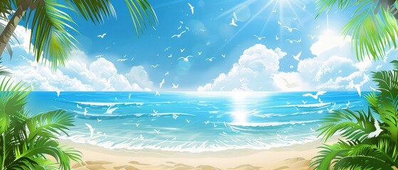 Seagulls soar over a vibrant tropical beach, their wings catching the sunlight against a backdrop of azure waters and lush palms