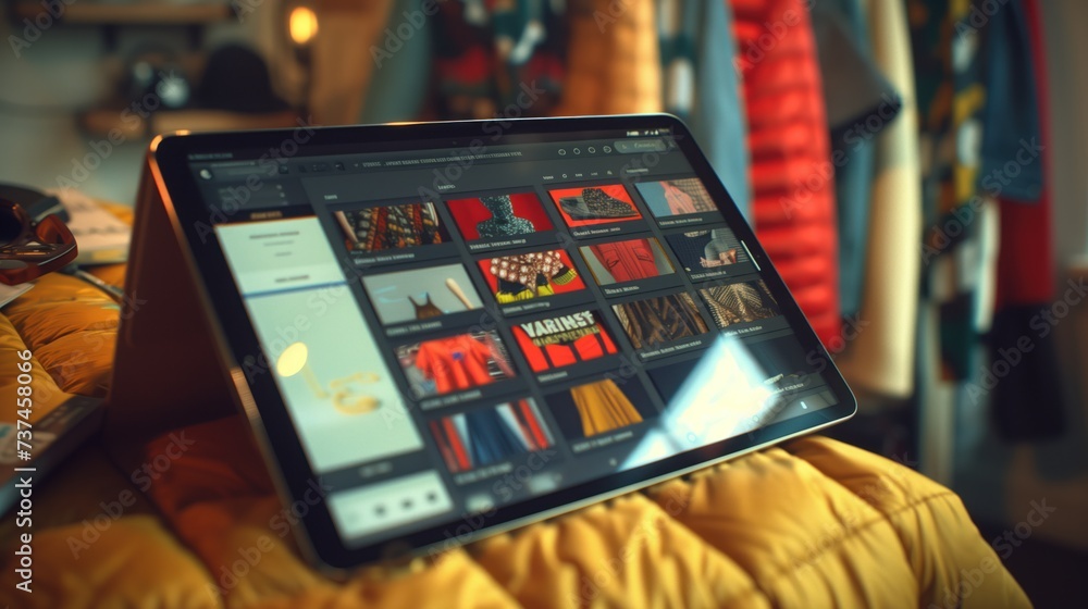 Poster illustrate the sleek display of a digital tablet resting on a designer workspace