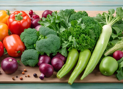Vegan raw vegetables on green wooden table copy space background