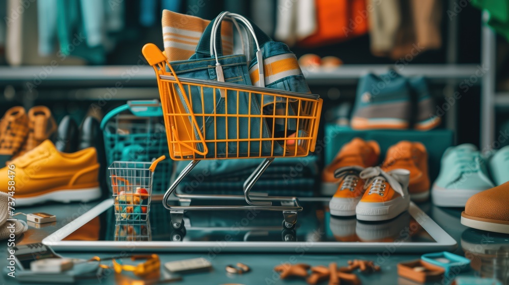 Poster visualize a vibrant display of an online shopping cart on a digital device