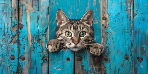 Inquisitive Tabby Cat Curiously Observes the World Through a Rustic Wooden Fence Against a Blue Background. Concept Curious Cat, Rustic Fence, Blue Background, Observing the World