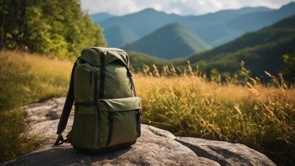 travel backpack on blurred amazing wild nature background. generative, ai.