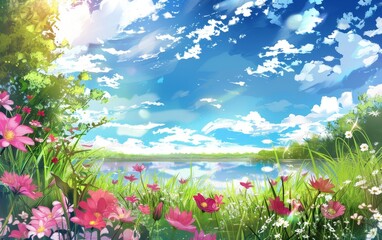 Vibrant pink flowers adorn the lakeside, with a beautiful reflection in the calm waters under a sky painted with soft clouds