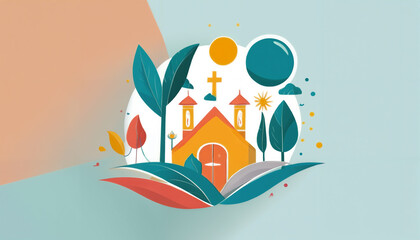 Illustration of christian buildings with floral arrangements spring theme easter