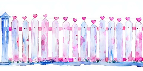 Pink Heart Decorated Watercolor Fence Standing Alone on White Background. Concept Romantic Fence, Whimsical Watercolor, Standout Decoration, Pink Heart, White Background
