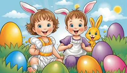 Fototapeta premium Children celebrating easter with a easter bunny and colorful easter eggs 