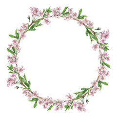 Fototapeta na wymiar Watercolor circle frame from pink flowers. Wreath spring flowers for graphic resources. Botanical hand drawn illustration isolated on transparent.