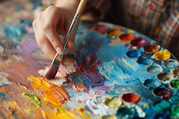 Fototapeta premium Paintbrush in woman hands mixing paints on palette, Artist works in creative studio