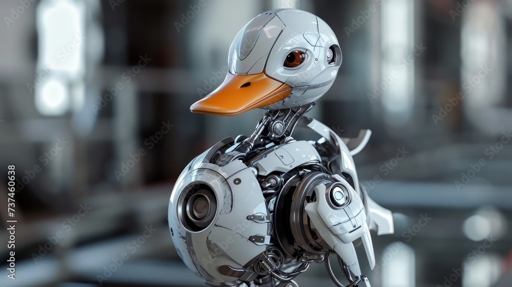 Poster robot with rubber duck toy in the studio