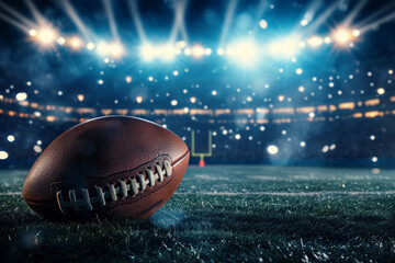 American football ball on field with stadium lights in background. Night game