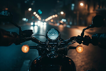 Cropped image of motorbike with glowing headlamp in the night. Stunning night cityscape featuring a sleek motorcycle cruising through illuminated streets - obrazy, fototapety, plakaty
