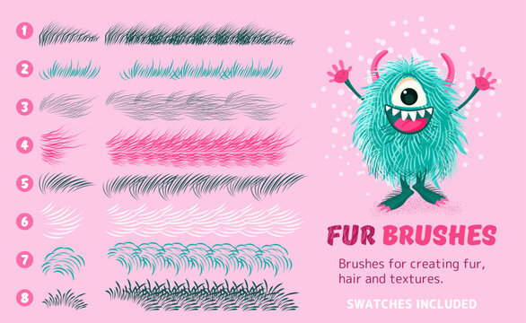 Fur brushes collection. isolated artistic strokes on background. Vector textured hand drawn brushes set for creating fur, hair, fluffy creatures. Swatches included. Eps 10. Abstract design kit.