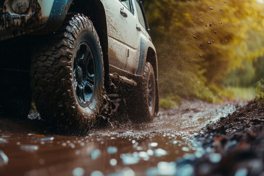 Cropped image of SUV car at off-road. Adventure driving through dirt road. Extreme terrain exploration with 4x4 vehicle