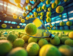 Abstract wide angle artsy depiction of a racquet with pickle balls floating behind it in an indoor...