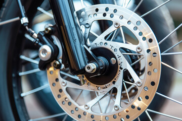 Part of the motorcycle braking system. Grey metal brake disc on motorbike, close up.
