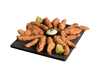 appetizer of fried chicken strips breaded with herb and lemon sauce