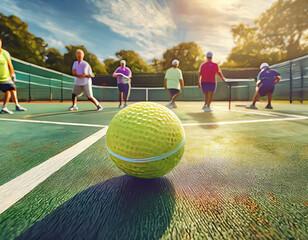 Wide angle shot of active senior men and women are enjoying a coed group tennis lesson on a sunny day. They are playing on a court wearing tennis attire.