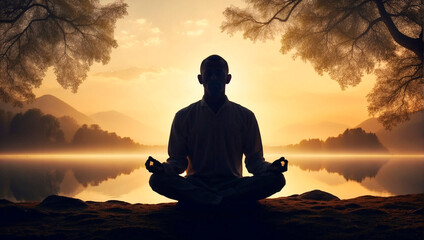 Serene Man Against Nature's Backdrop. Mindfulness Practices and Relaxation Techniques through Meditation. Find Peace in Nature's Rhythm