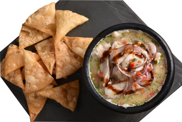 ceviche raw fish food with lemon onion pepper and lemon, healthy food