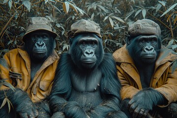 Gorillas in clothes are sitting on a couch outside